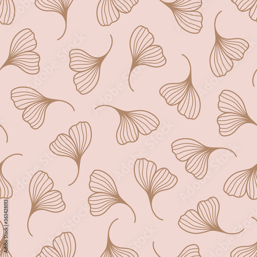Ginkgo Biloba Leaves Seamless Pattern in a Trendy Minimal Style. Outline of a Botanical Background. Floral Vector