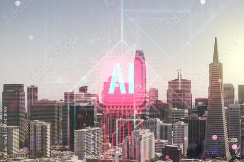 Creative artificial Intelligence symbol hologram on San Francisco cityscape background. Double exposure