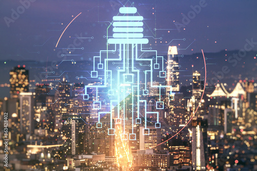 Virtual creative light bulb illustration with microcircuit on San Francisco cityscape background, future technology concept. Multiexposure