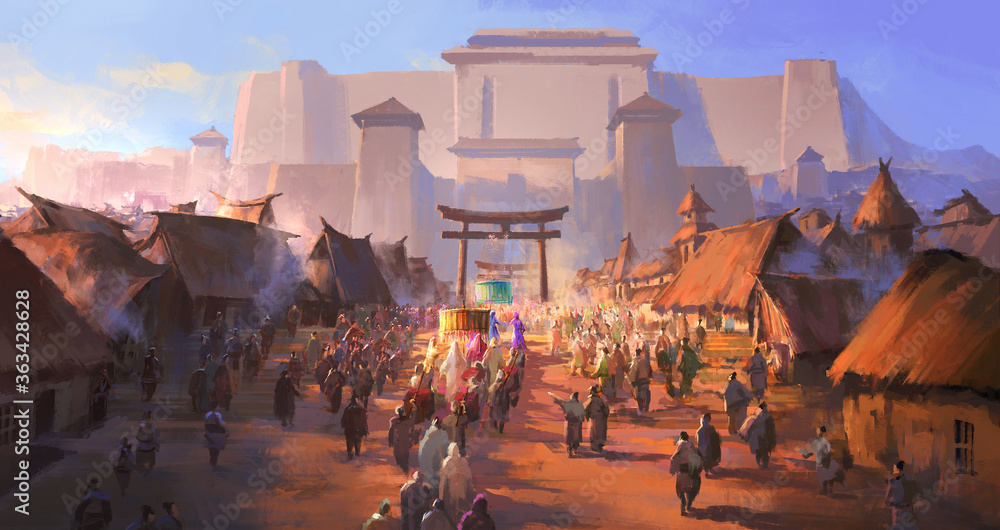 Fototapeta premium Prości starożytni ludzie witali zagranicznych wysłanników, malarstwo cyfrowe.