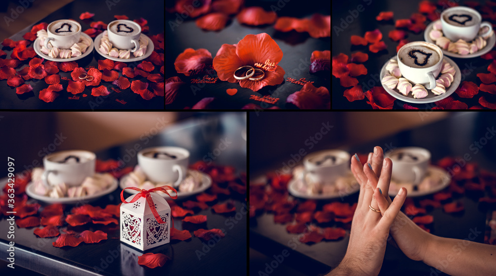 Rings and hands of lovers in rose petals, love story with cups of coffee