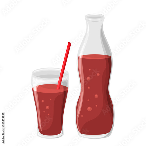 Glass and bottle. Soft carbonated drink. Vector illustration isolated on white background.