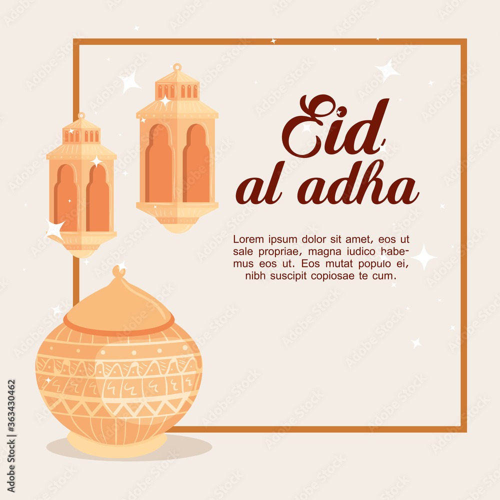 eid al adha mubarak, happy sacrifice feast, with lanterns hanging and ceramic pot vector illustration design