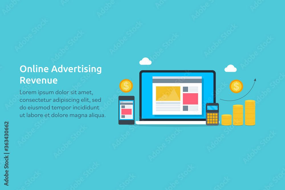 Online business website earning revenue, displaying ads on social media channels, selling digital advertising space on blog or website, marketing and communication concept. Web banner template. Online business website earning revenue, displaying ads on social media channels, selling digital advertising space on blog or website, marketing and communication concept. Web banner template.