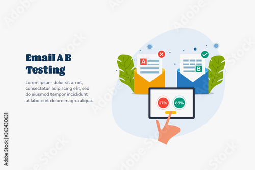A/B testing for email campaign, split testing, conducting an email ab test, digital marketing and research, communication concept. Web banner template with text.
