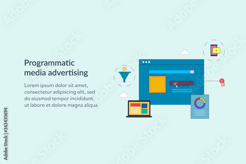 Programmatic display advertising, automated media buying, real time bidding and data driven advertising campaign, targeting exact customers concept. Flat design web banner template, landing page.