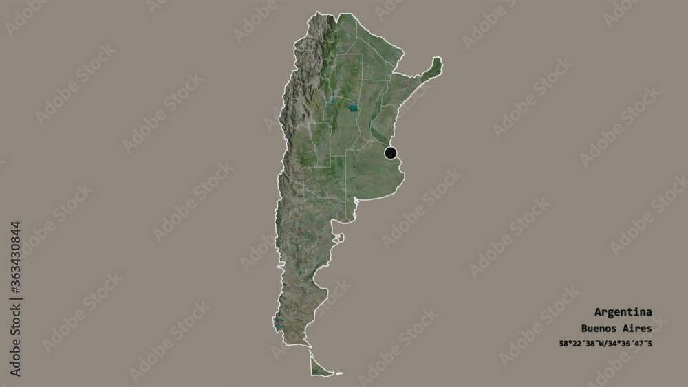 Entre Ríos, province of Argentina, with its capital, localized, outlined and zoomed with informative overlays on a satellite map in the Stereographic projection. Animation 3D Entre Ríos, province of Argentina, with its capital, localized, outlined and zoomed with informative overlays on a satellite map in the Stereographic projection. Animation 3D