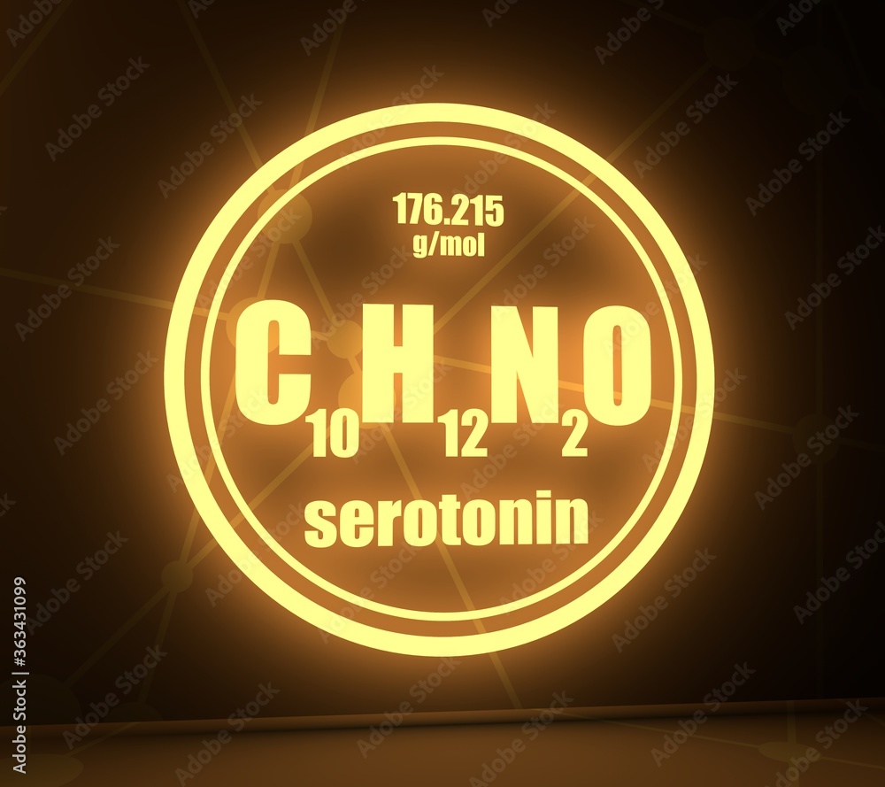 Chemical formula of hormone serotonin. Infographics illustration. 3D rendering, Chemical formula of hormone serotonin. Infographics illustration. 3D rendering,