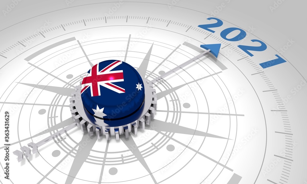 New Year greeting card template. 2021 year number. 3D rendering. Flag of the Australia New Year greeting card template. 2021 year number. 3D rendering. Flag of the Australia