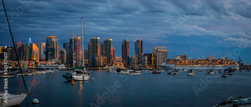 Sunset and night view of San Diego downtown with Christmas lights