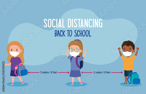 back to school for new normal lifestyle concept, kids wearing medical mask and social distancing protect coronavirus covid 19 vector illustration design