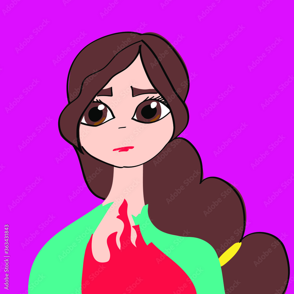 Portrait of worried girl, brown braided hair, brown eyes, yellow ponytail. Directly looking at something. Wearing red blouse with fire like edges, green jacket. Digitized hand-drawn avatar, character Portrait of worried girl, brown braided hair, brown eyes, yellow ponytail. Directly looking at something. Wearing red blouse with fire like edges, green jacket. Digitized hand-drawn avatar, character