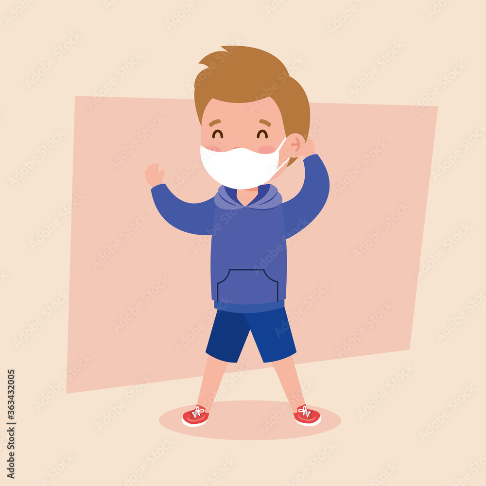 cute boy wearing medical mask to prevent coronavirus covid 19, boy wearing protective medical mask vector illustration design
