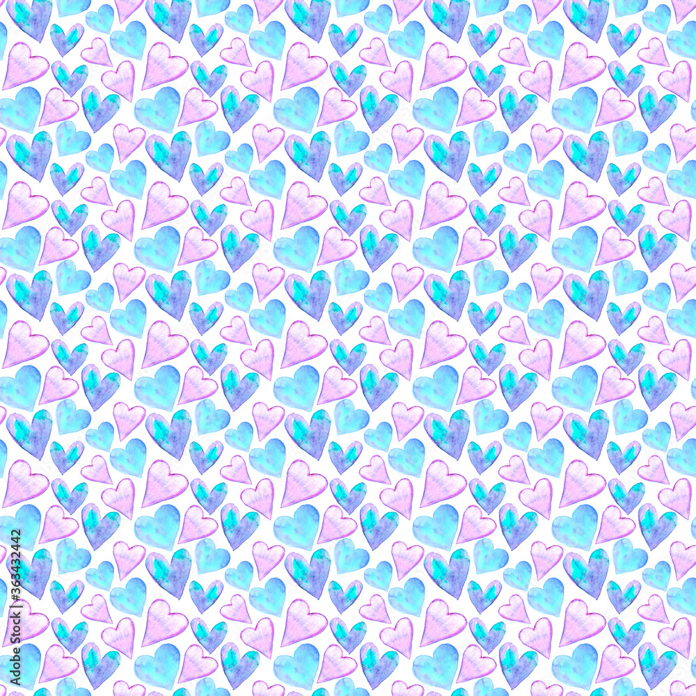 Seamless pattern with watercolor hearts. Romantic love hand drawn backgrounds texture. For greeting cards, wrapping paper, wedding, birthday, fabric, textile, Valentines Day, mothers Day, easter Seamless pattern with watercolor hearts. Romantic love hand drawn backgrounds texture. For greeting cards, wrapping paper, wedding, birthday, fabric, textile, Valentines Day, mothers Day, easter