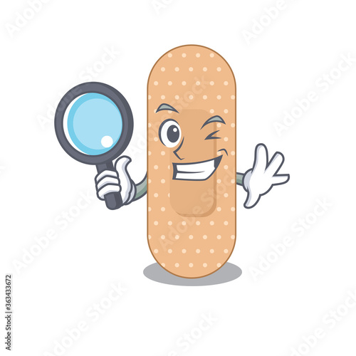 cartoon mascot design of standard bandage super Detective breaking the case using tools
