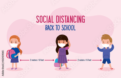 back to school for new normal lifestyle concept, kids wearing medical mask and social distancing protect coronavirus covid 19 vector illustration design
