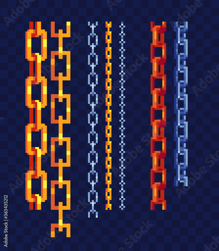 Chains, golden chain pixel art style, chainlet isolated vector illustration on white background.  Decorative element design template for logo, web, app.