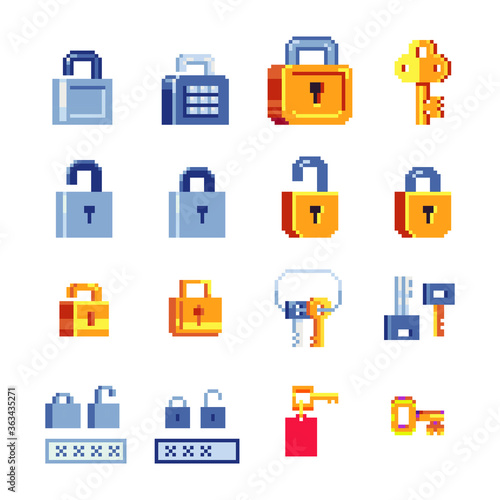 Locks and keys, pixel art flat style icons set. Key and open lock. Design of websites, sticker, logo and mobile apps. 8-bit sprite. Game assets. Isolated vector illustration. 
