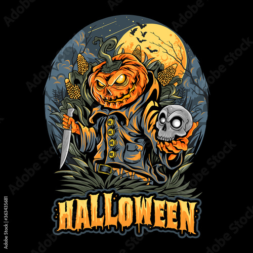 HALLOWEEN SCARECROW, SKULL HEAD AND PUMPKINS ARTWORK VECTOR