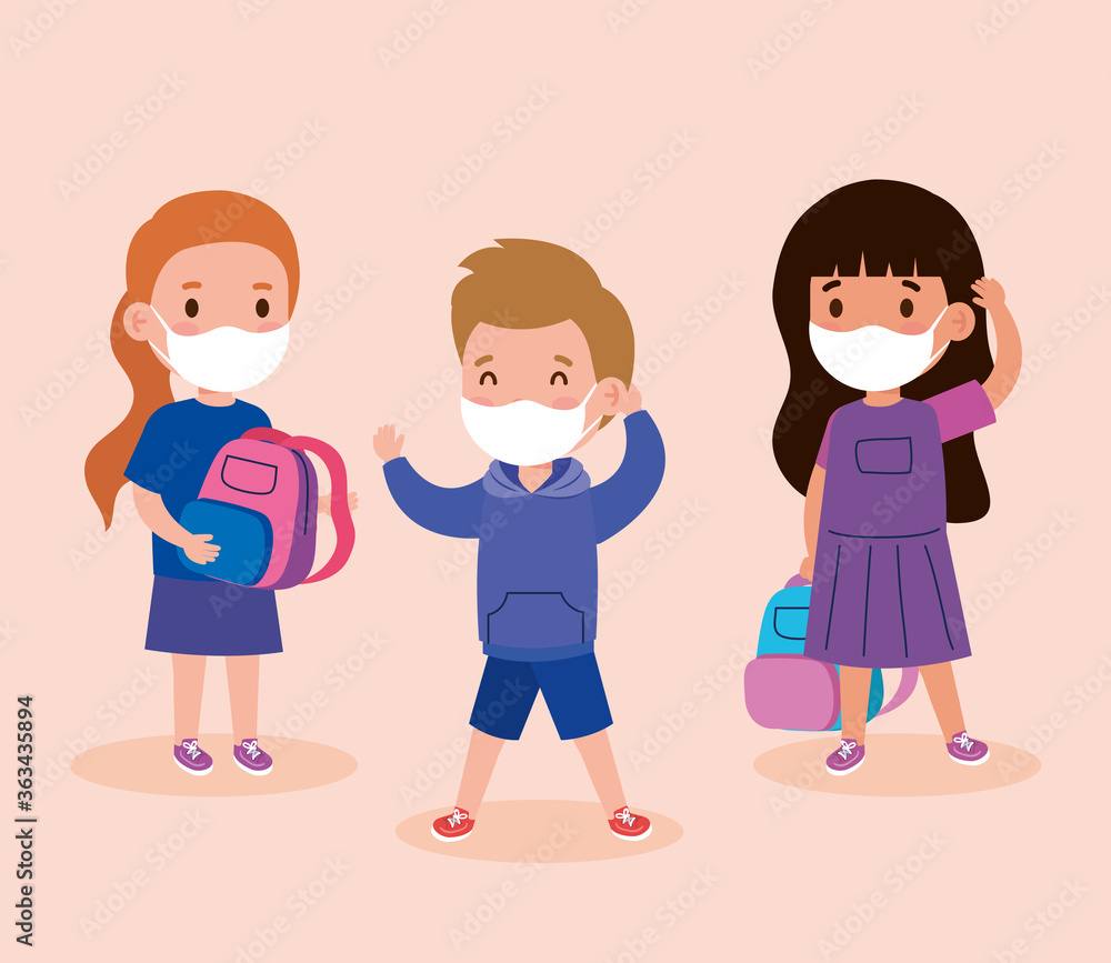 cute children wearing medical mask to prevent coronavirus covid 19, students children wearing protective medical mask vector illustration design cute children wearing medical mask to prevent coronavirus covid 19, students children wearing protective medical mask vector illustration design