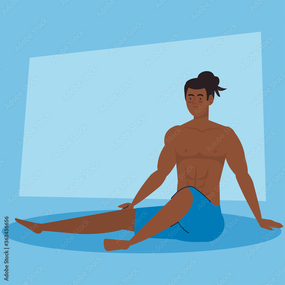 man afro in shorts, happy guy afro in swimsuit sitting on the floor vector illustration design man afro in shorts, happy guy afro in swimsuit sitting on the floor vector illustration design