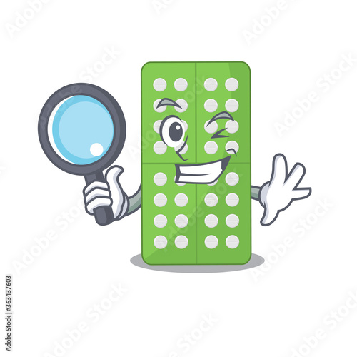 cartoon mascot design of medicine pills super Detective breaking the case using tools