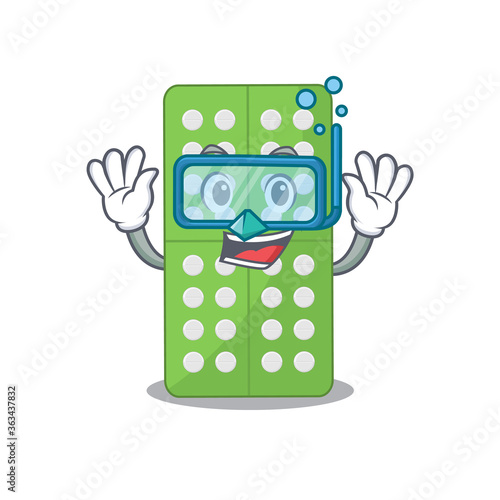 Medicine pills mascot design swims with diving glasses