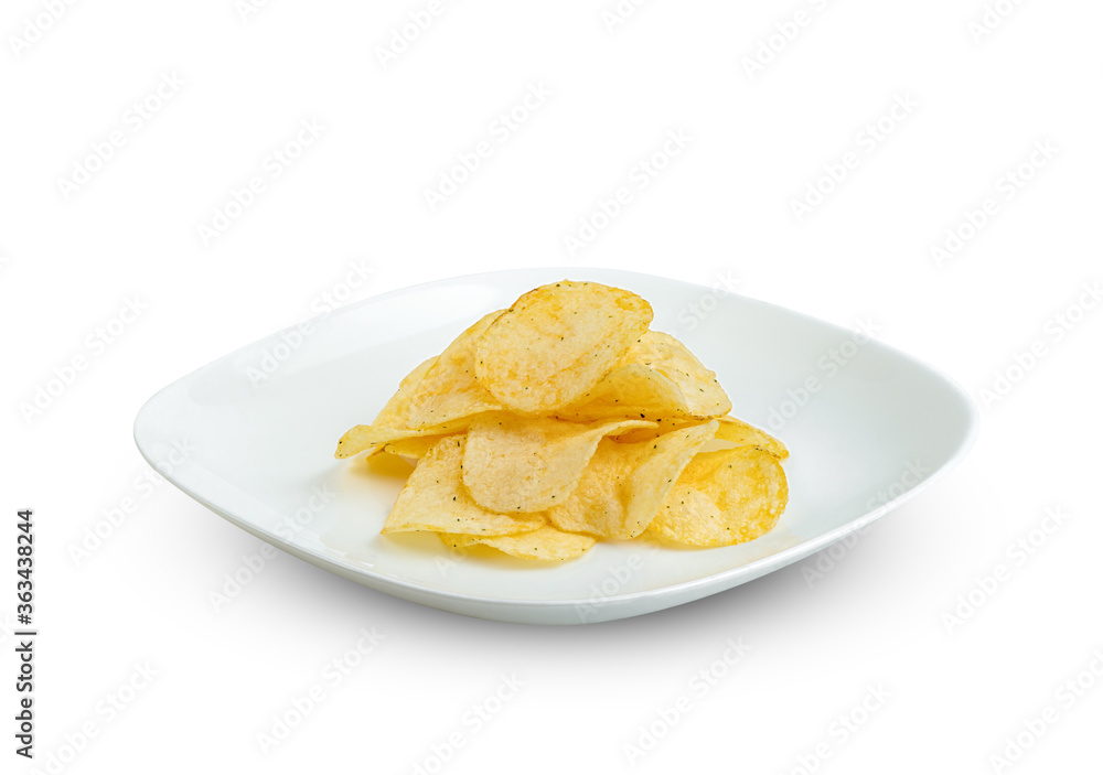 potato chips in plate isolated on white background ,include clipping path potato chips in plate isolated on white background ,include clipping path