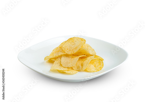 potato chips in plate isolated on white background ,include clipping path