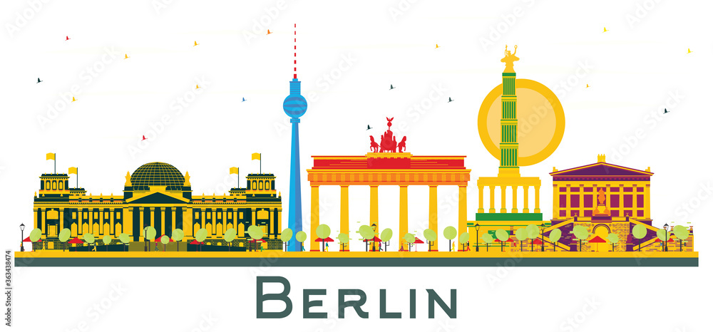 Berlin Germany City Skyline with Color Buildings Isolated on White.
