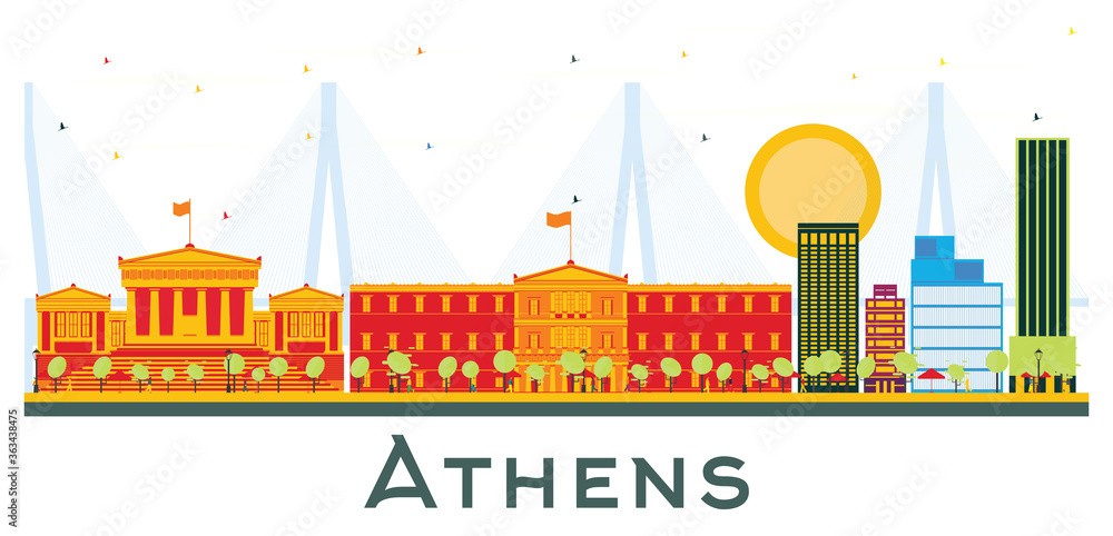 Athens Greece City Skyline with Color Buildings Isolated on White.