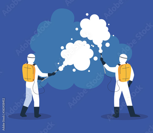 people in protective suit or clothing, spray to cleaning and disinfect virus, covid 19 disease, preventive measure vector illustration design
