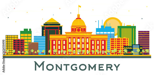 Montgomery Alabama City Skyline with Color Buildings Isolated on White.