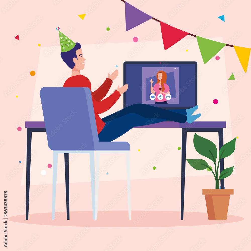 online party, meeting friends, couple have online party together in quarantine, video conference in computer, party web camera online holiday vector illustration design online party, meeting friends, couple have online party together in quarantine, video conference in computer, party web camera online holiday vector illustration design
