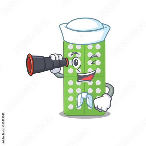 A cartoon image design of medicine pills Sailor with binocular
