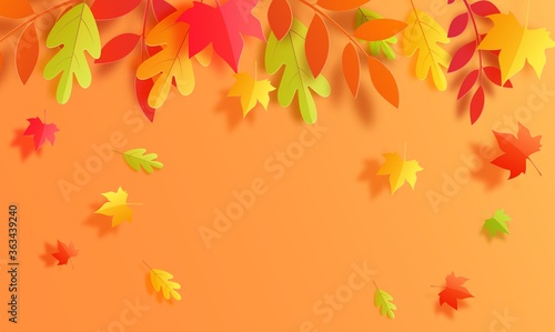 Autumn background in cut paper style. Papercut falling leaves autumn border. Autumn leaf is cut out of cardboard in green  yellow and orange. Vector card illustration for Thanksgiving day holiday