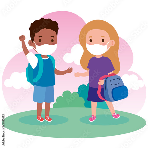 cute kids wearing medical mask to prevent coronavirus covid 19 with school bag, little students wearing protective medical mask vector illustration design