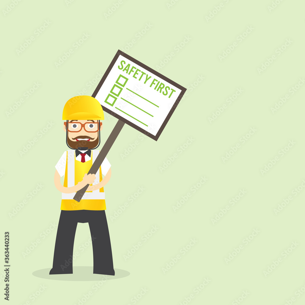 Man Safety inspector hold board checklist of industrial plants Standing inspection in front of the safety first paper workplace for safety first concept Man Safety inspector hold board checklist of industrial plants Standing inspection in front of the safety first paper workplace for safety first concept