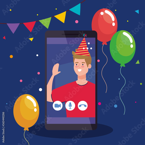 online party, man have online party in quarantine, video conference, party web camera online holiday, in smartphone vector illustration design
