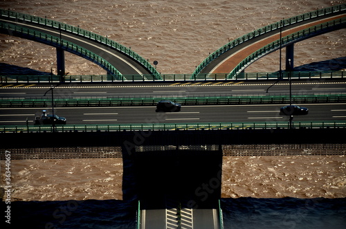 Hangzhou,CHINA - August 2, 2019: Different View of Hangzhou Bay Bridge from watching tower.a highway bridge with a cable-stayed portion across Hangzhou Bay in the eastern coastal region of China photo