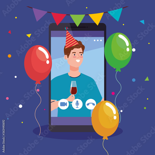 online party, man have online party in quarantine, video conference, party web camera online holiday, in smartphone vector illustration design