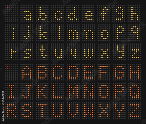 yellow dots lowercase letter alphabet and orange dots capital letter alphabet of LED digital display on black background,graphic element,vector and illustration