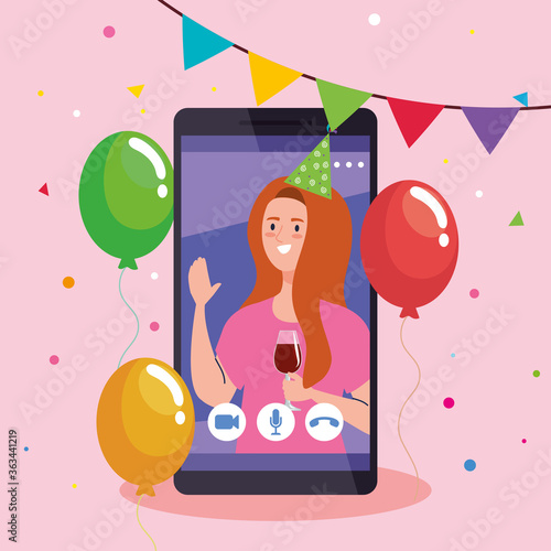online party, woman have online party in quarantine, video conference, party web camera online holiday, in smartphone vector illustration design