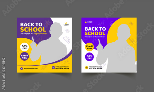 School education admission social media post & back to school web banner template or square flyer poster