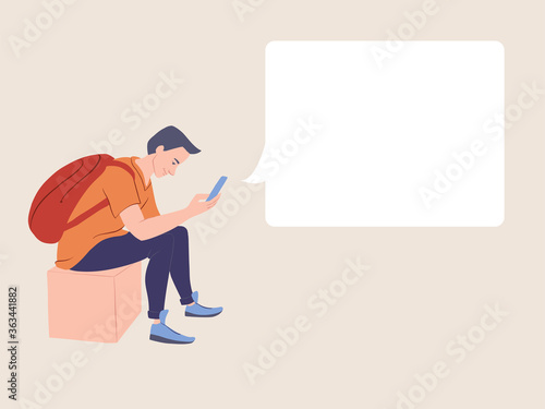 Young man with smartphone and text message bubble. Teenage student cartoon character. Online communication concept illustration. Copy space. Vector.