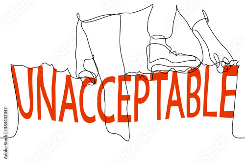 man climbs the fence from the word "UNACCEPTABLE". One continuous line drawing concept "not satisfactory or allowable". Can be used for animation.