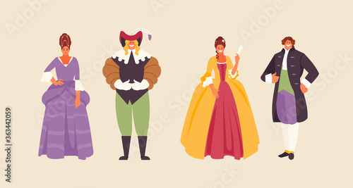 People group in historical costumes of the 17th and 18th century. Baroque and Rococo fashion vector illustration