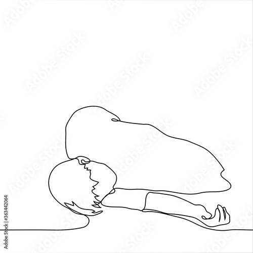 upper half of the body of a lying man. One continuous line art guy lies unconscious or fell asleep, the body of a dead man. The concept of fatigue, frustration, depression. can be used for animation