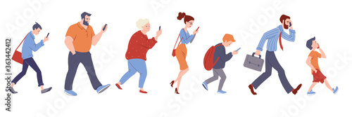 Diverse group of people walking with smartphones. Women and men talking, texting, searching internet. Gadget addiction concept banner. Vector character illustration isolated on white.