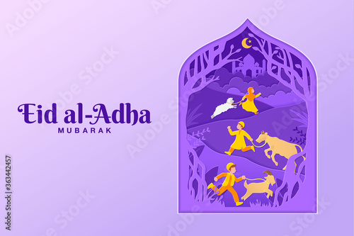 Eid al-Adha greeting card concept illustration in paper cut style with kids bring goat, sheep, and cattle for sacrifice
